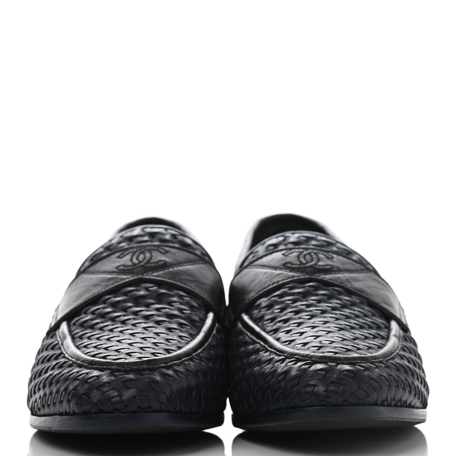Chanel Lambskin Calfskin Braided Mocassin Loafers 38.5 Navy Black 2 of 8