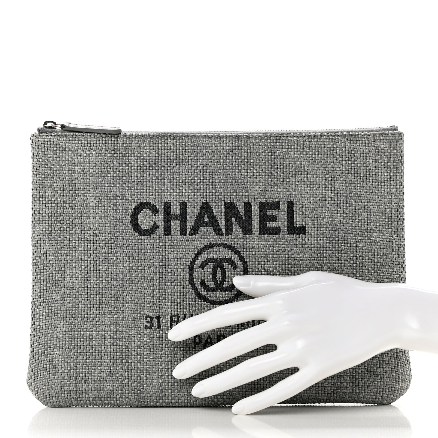 Woven Straw Raffia Medium Deauville Pouch Grey