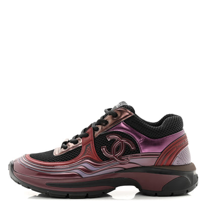 Chanel Fabric Laminated Calfskin Stretch CC Womens Sneakers 37 Black Dark Purple Burgundy 1 of 8