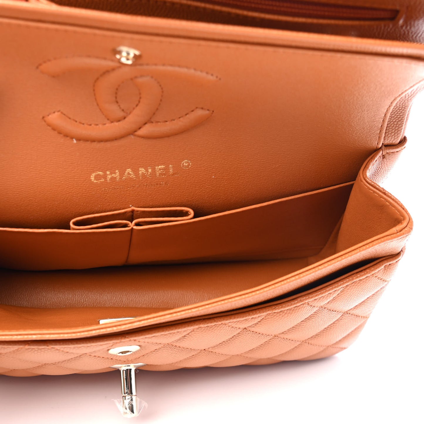 Caviar Quilted Small Double Flap Light Brown