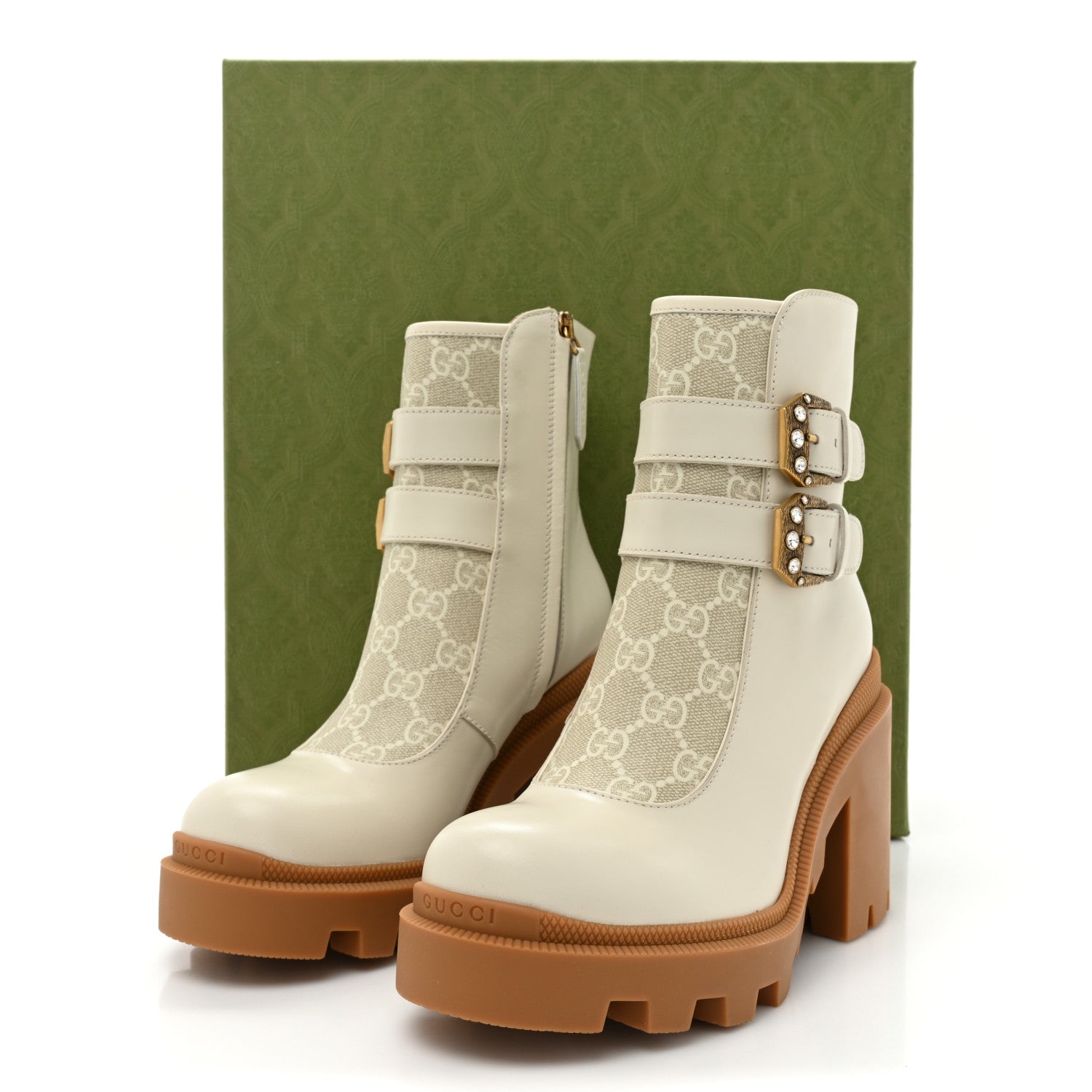 Gucci Kensington Calfskin Nappa GG Supreme Monogram Womens Double Buckle Ankle Boots 36 Mystic White Beige 9 of 9