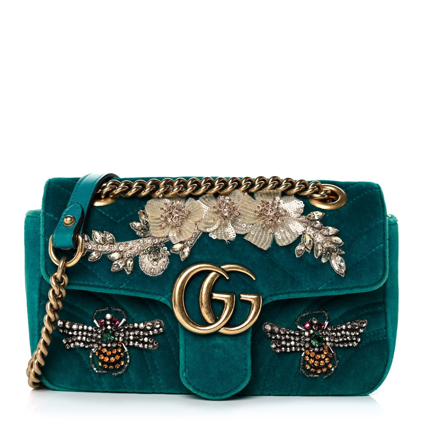 Velvet Matelasse Embroidered Mini GG Marmont Shoulder Bag Pavone Cyan