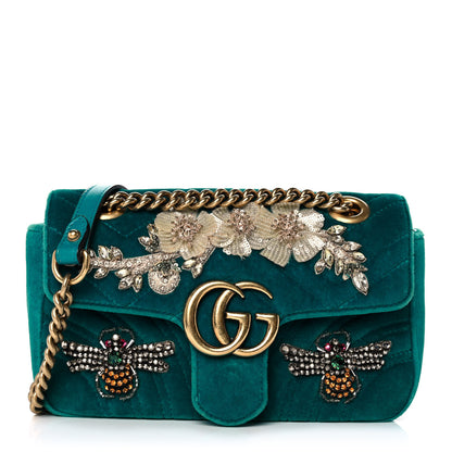 Gucci Velvet Matelasse Embroidered Mini GG Marmont Shoulder Bag Pavone Cyan 1 of 13
