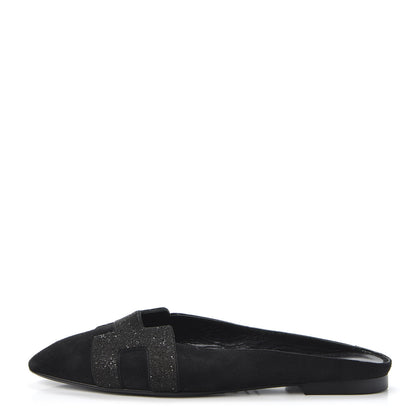 Hermes Suede Goatskin Crystal Roxane Mules 37.5 Black 1 of 9