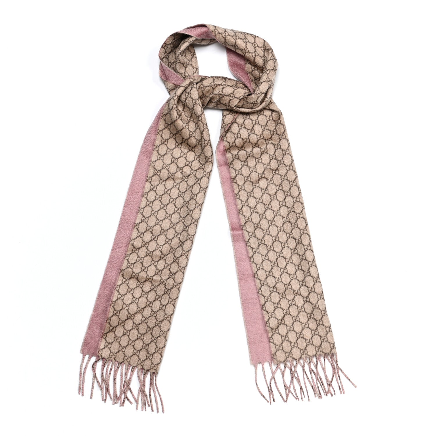 Gucci Cashmere Monogram Fringe Scarf Beige Pink 1 of 5