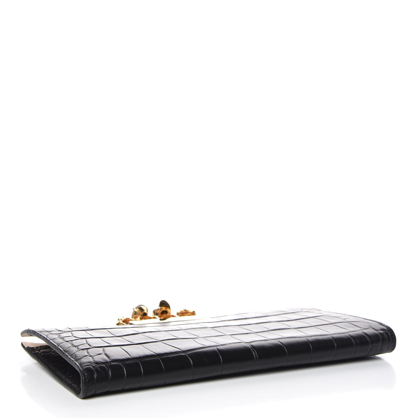 Calfskin Crocodile Embossed Knuckle Flat Clutch Black Gold