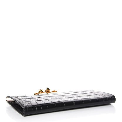 Alexander McQueen Calfskin Crocodile Embossed Knuckle Flat Clutch Black Gold 4 of 10