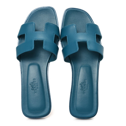 Hermes Calfskin Oran Sandals 35 Bleu Emeraude 2 of 10