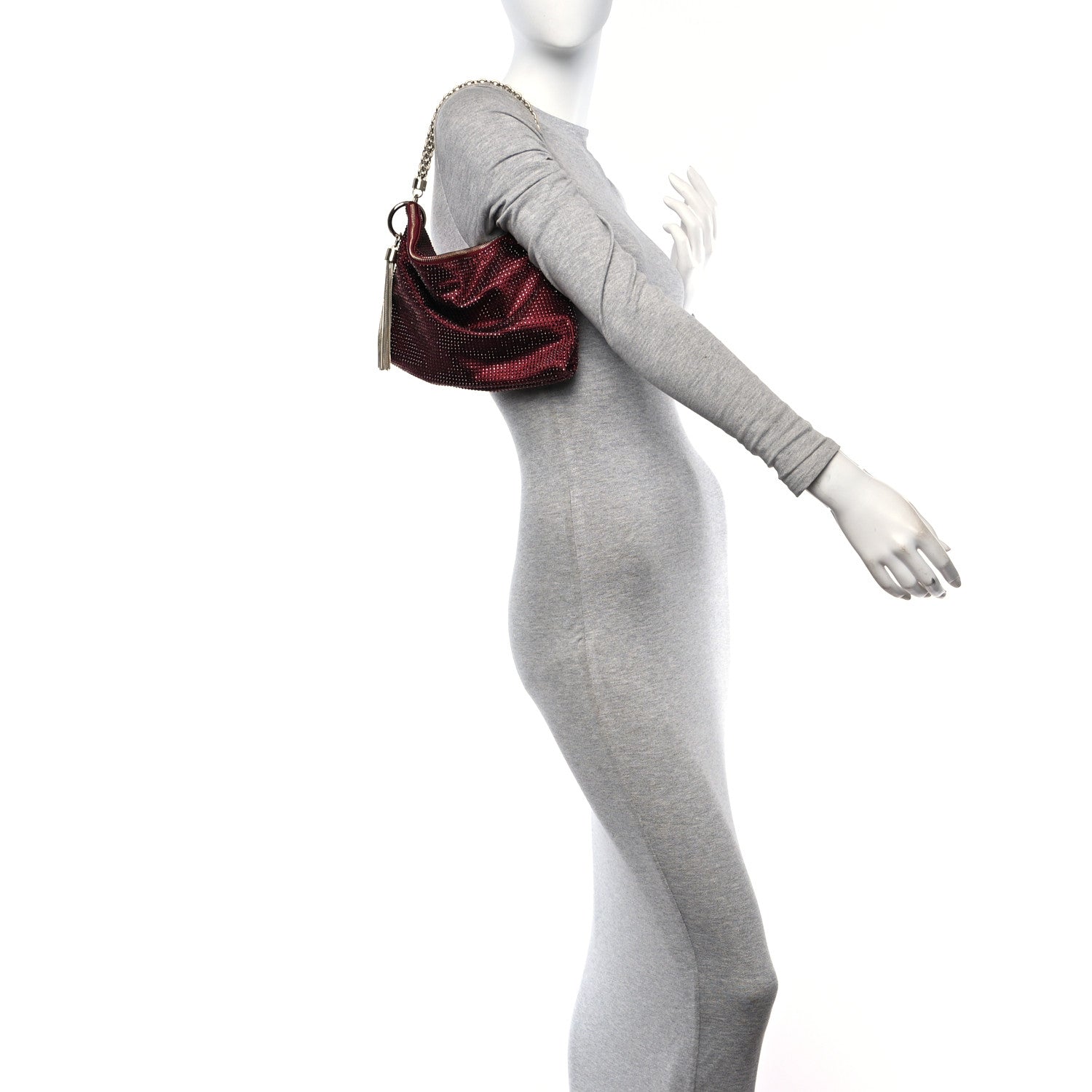 Jimmy Choo Satin Crystal Callie Tassel Shoulder Bag Wine 2 of 9