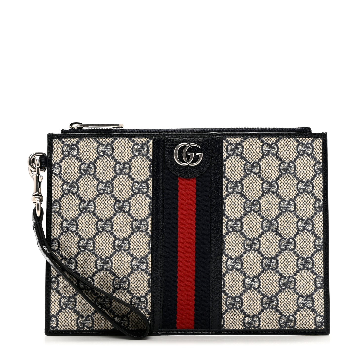 GG Supreme Monogram Textured Dollar Calfskin Web Ophidia Wristlet Pouch Beige Blue