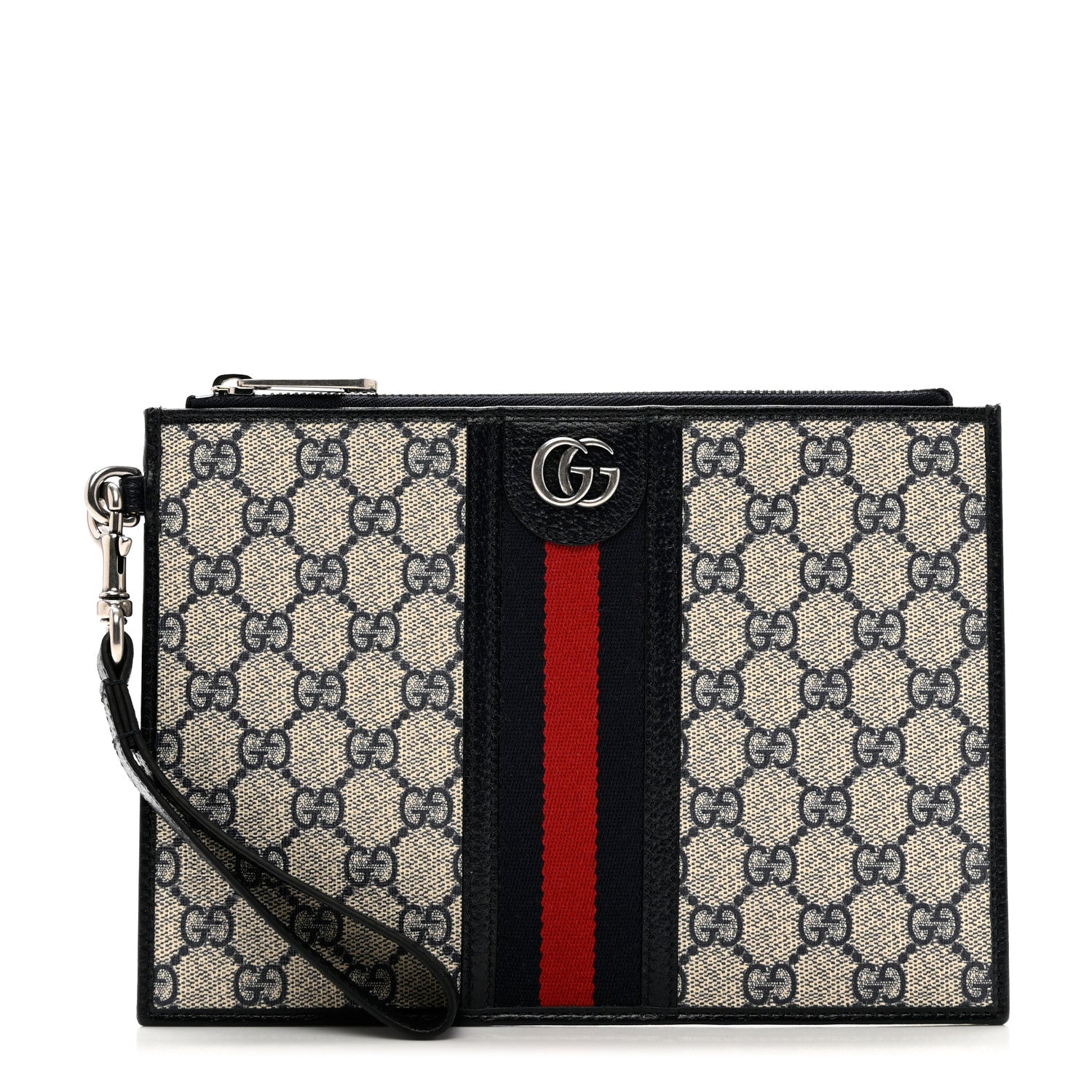 Gucci GG Supreme Monogram Textured Dollar Calfskin Web Ophidia Wristlet Pouch Beige Blue 1 of 6
