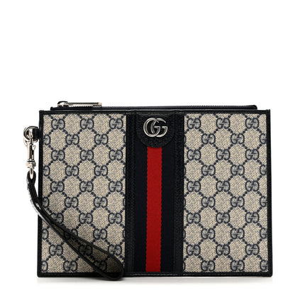 Gucci GG Supreme Monogram Textured Dollar Calfskin Web Ophidia Wristlet Pouch Beige Blue 1 of 6
