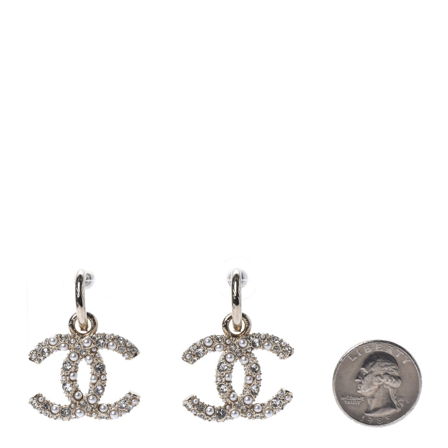 Crystal Pearl Caviar CC Drop Earrings Gold