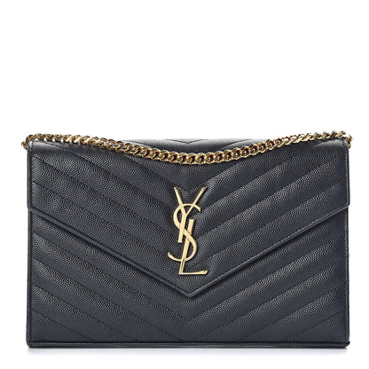 Saint Laurent Grain De Poudre Matelasse Chevron Monogram Chain Wallet Black 1 of 14