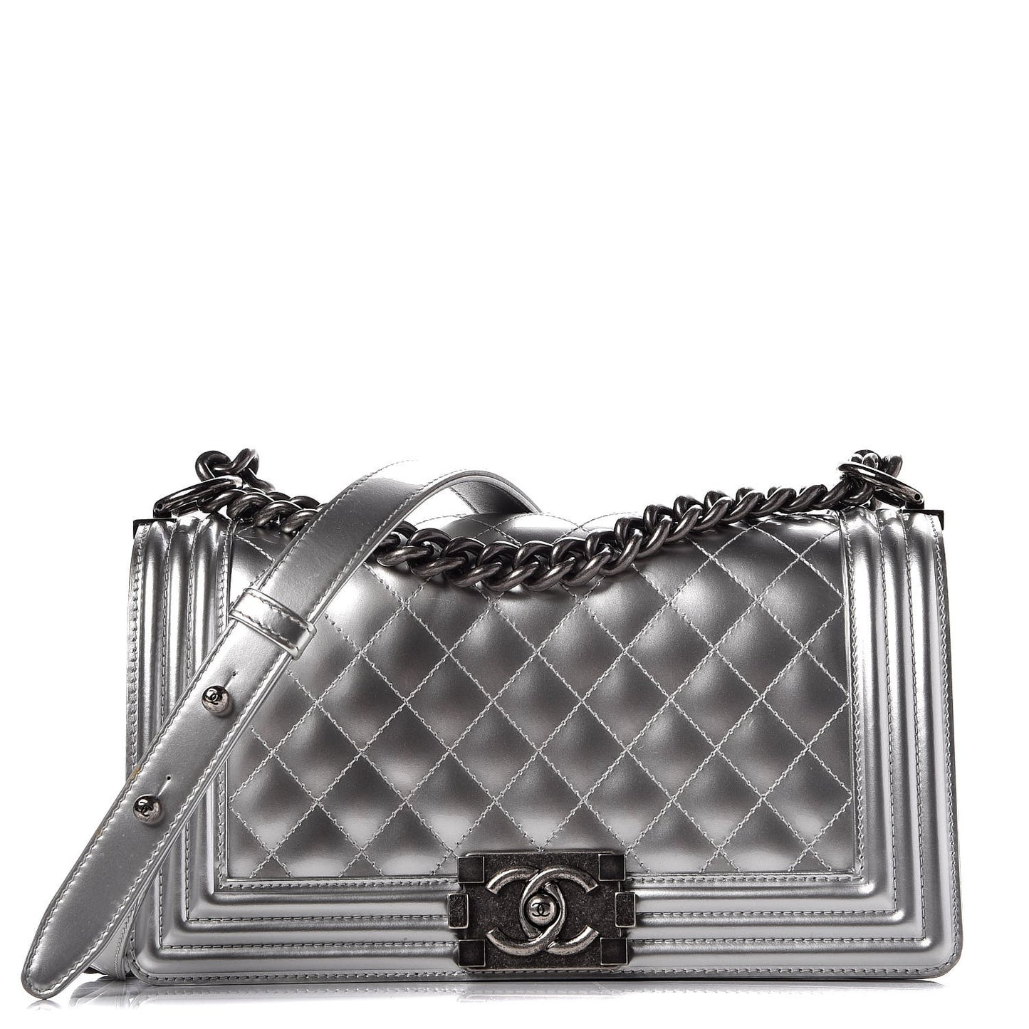 Metallic Patent Calfskin Quilted Medium Boy Flap Silver