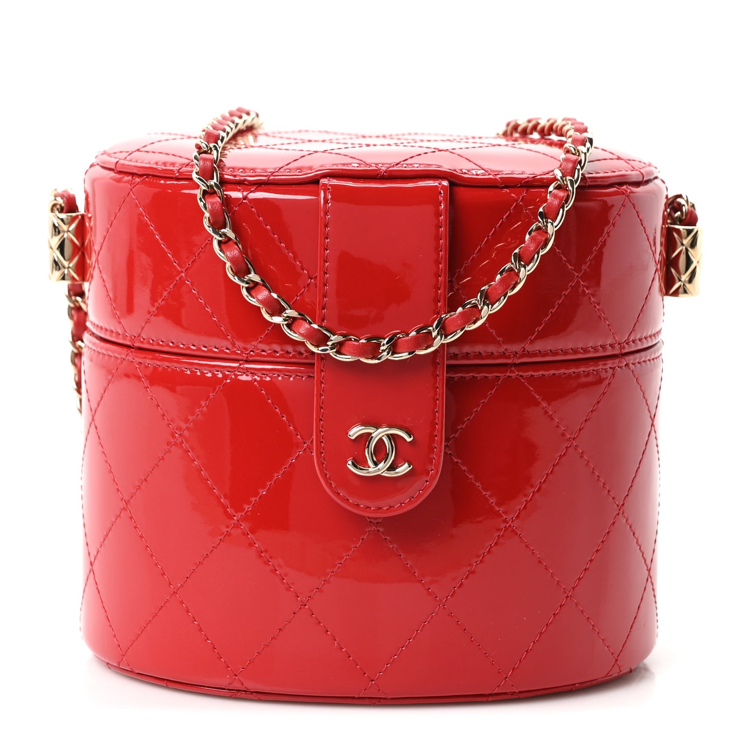 Patent Quilted Small Round Vanity With Chain  Red