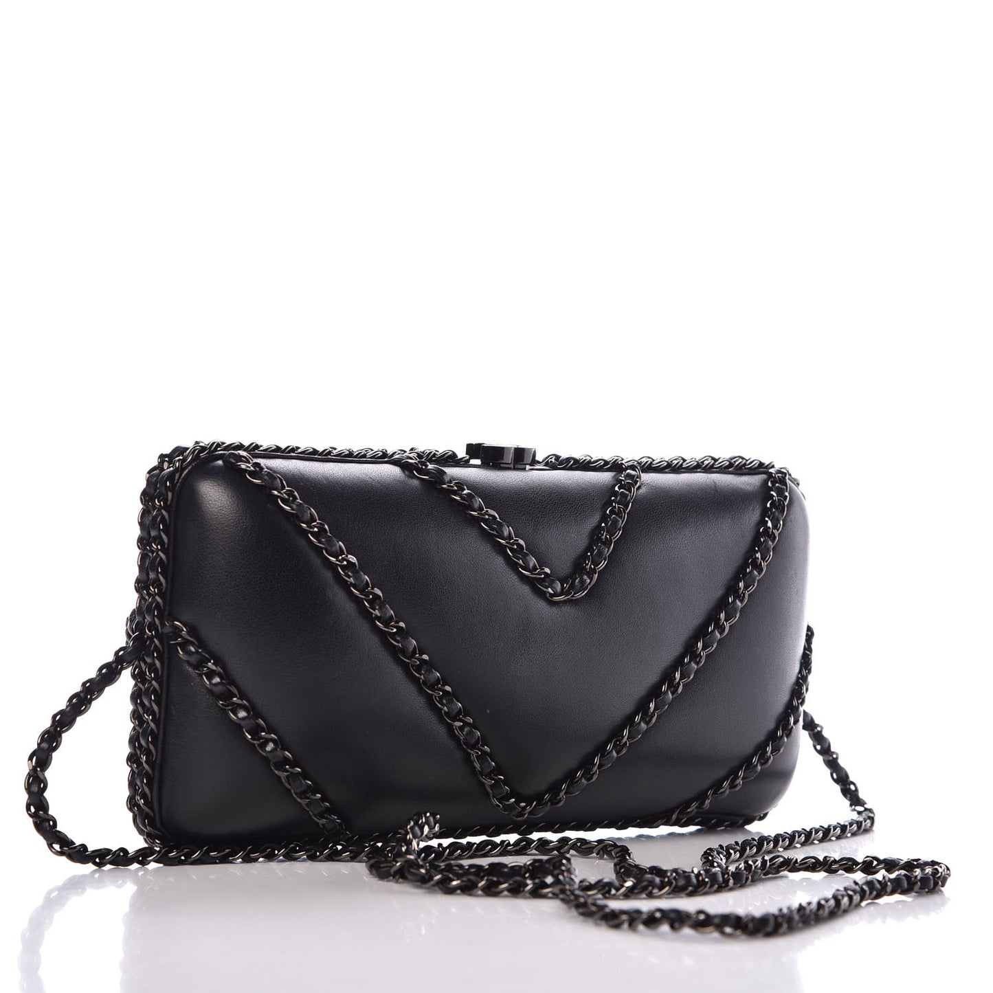 Lambskin Chevron Quilted Chain Around Clutch Black