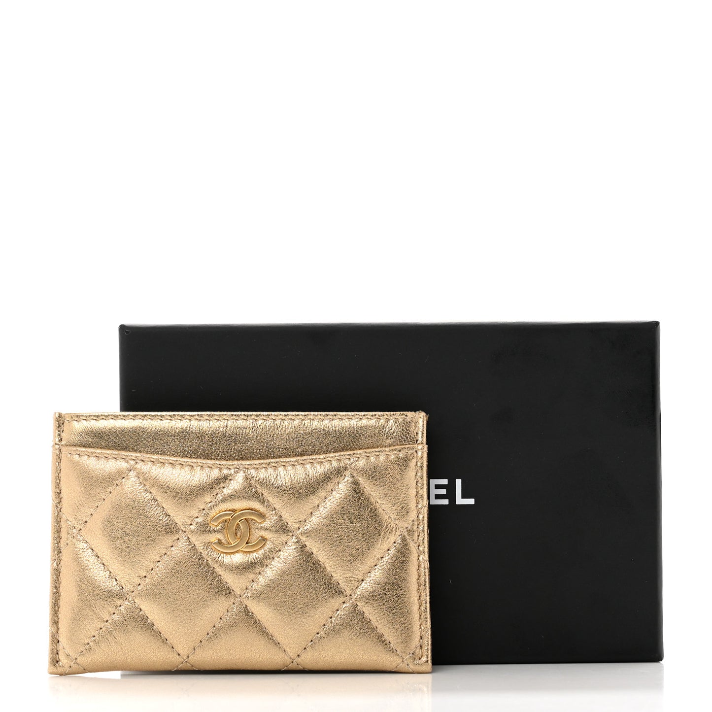 Metallic Lambskin Quilted CC Card Holder Gold