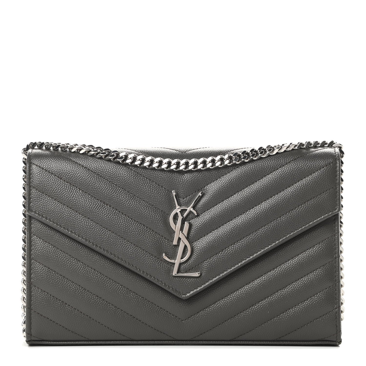 Saint Laurent Grain De Poudre Matelasse Chevron Monogram Chain Wallet Grey 1 of 12