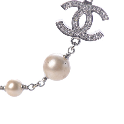 Chanel Crystal Pearl CC Long Necklace Silver 5 of 9
