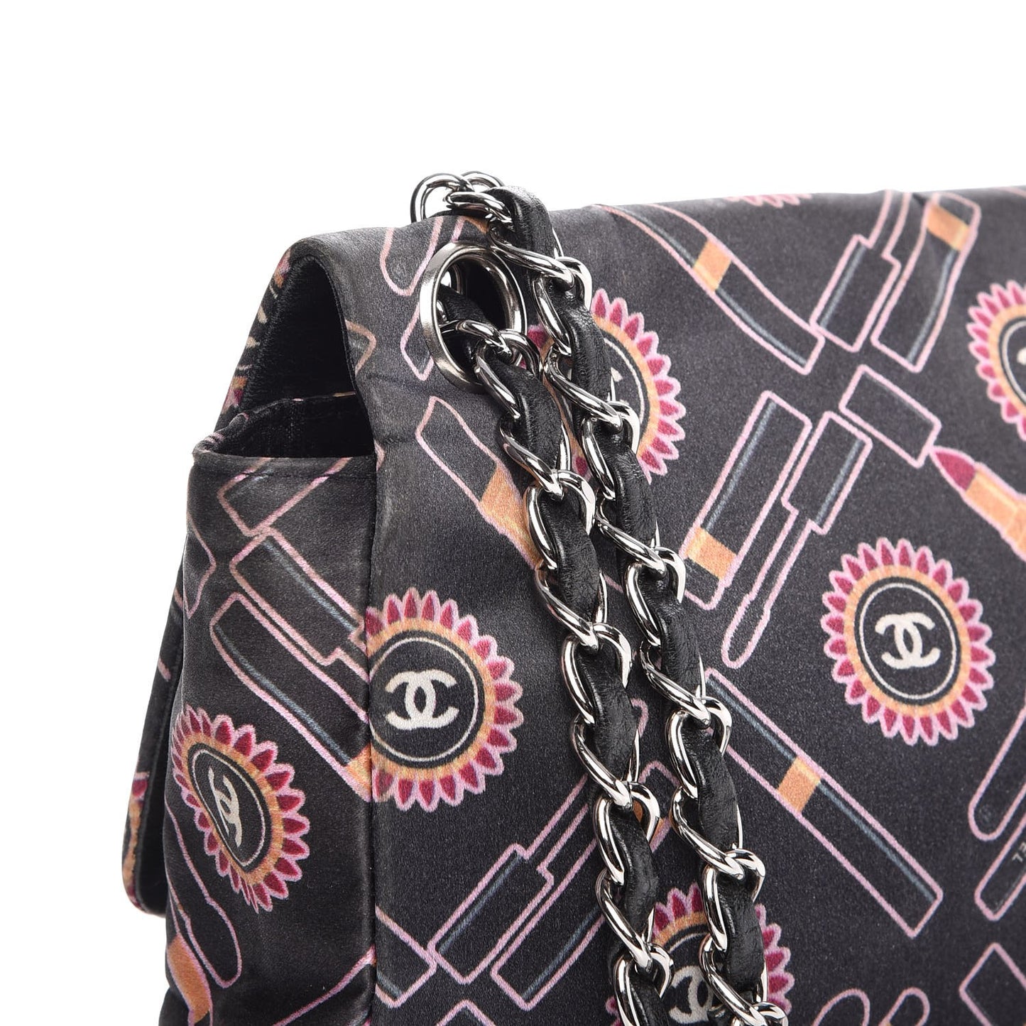Satin Printed Lipstick Medium Single Flap Black