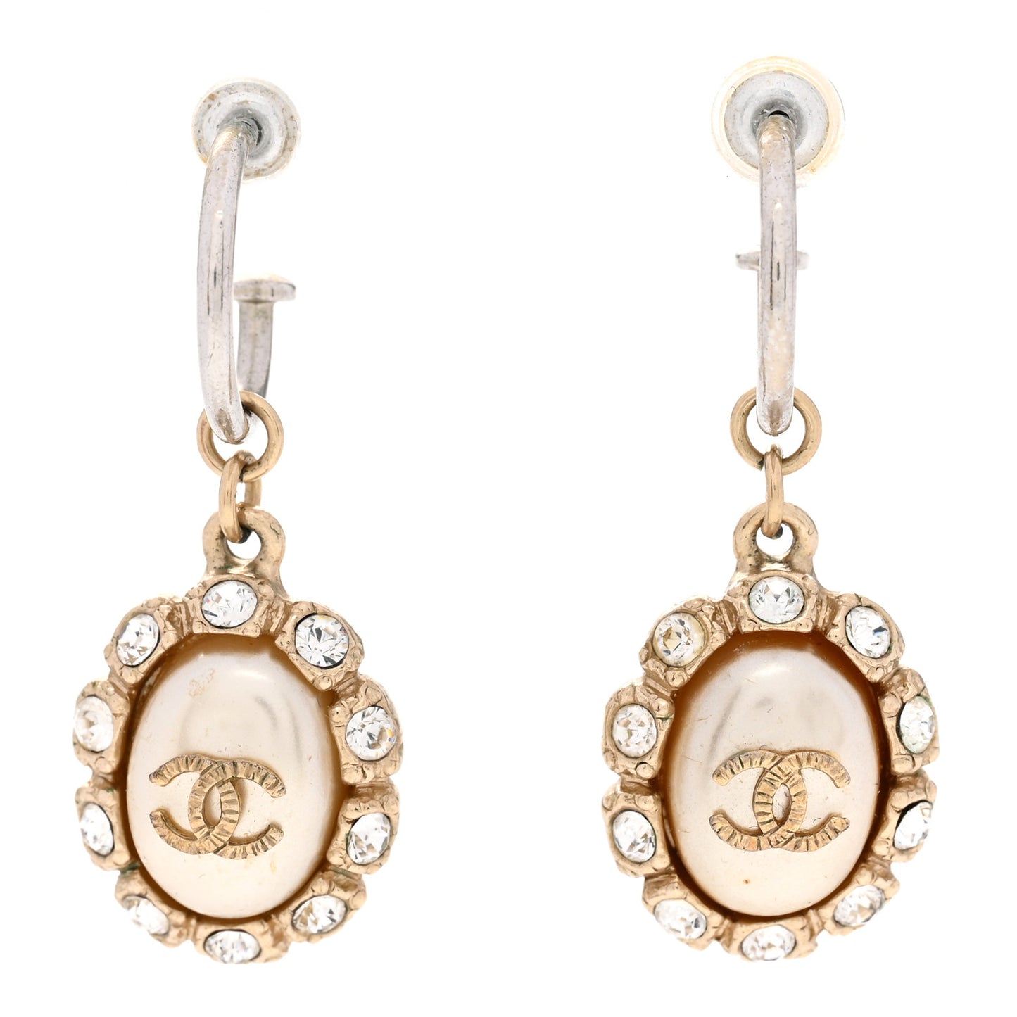 Crystal Pearl CC Drop Earrings Silver Gold