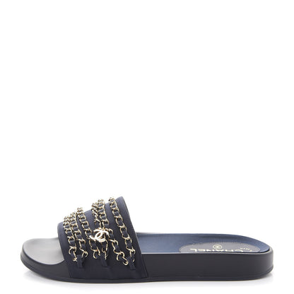 Chanel Lambskin Canvas Chain Flat Sandals 41 Marine 1 of 11