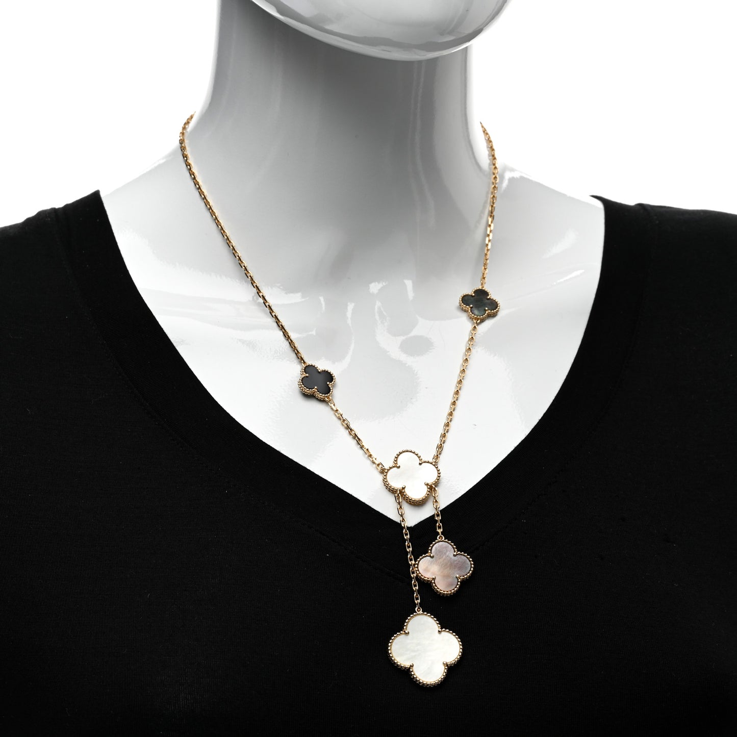 18K Yellow Gold Mother of Pearl Onyx 6 Motifs Magic Alhambra Necklace