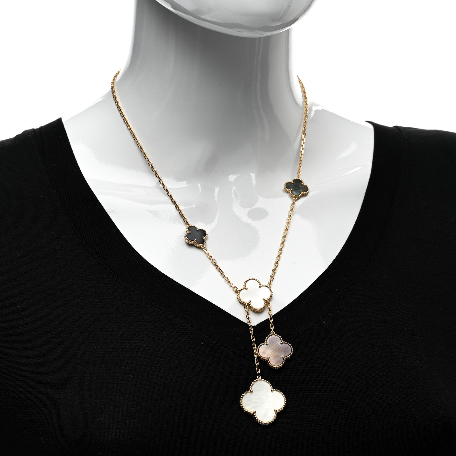 Van Cleef & Arpels 18K Yellow Gold Mother of Pearl Onyx 6 Motifs Magic Alhambra Necklace 2 of 4