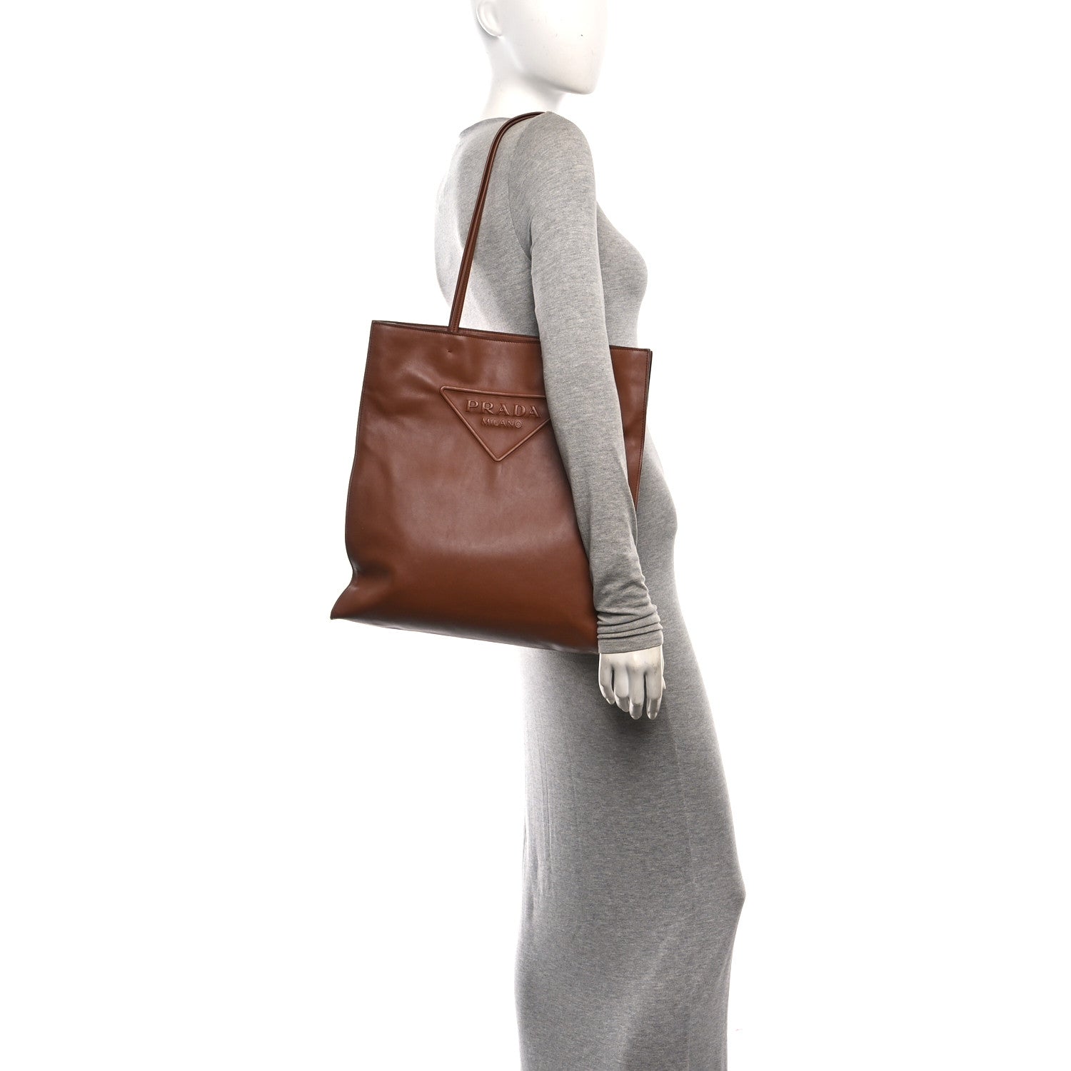 Prada Soft Calfskin Triangle Logo Embossed Tote Cognac 2 of 9
