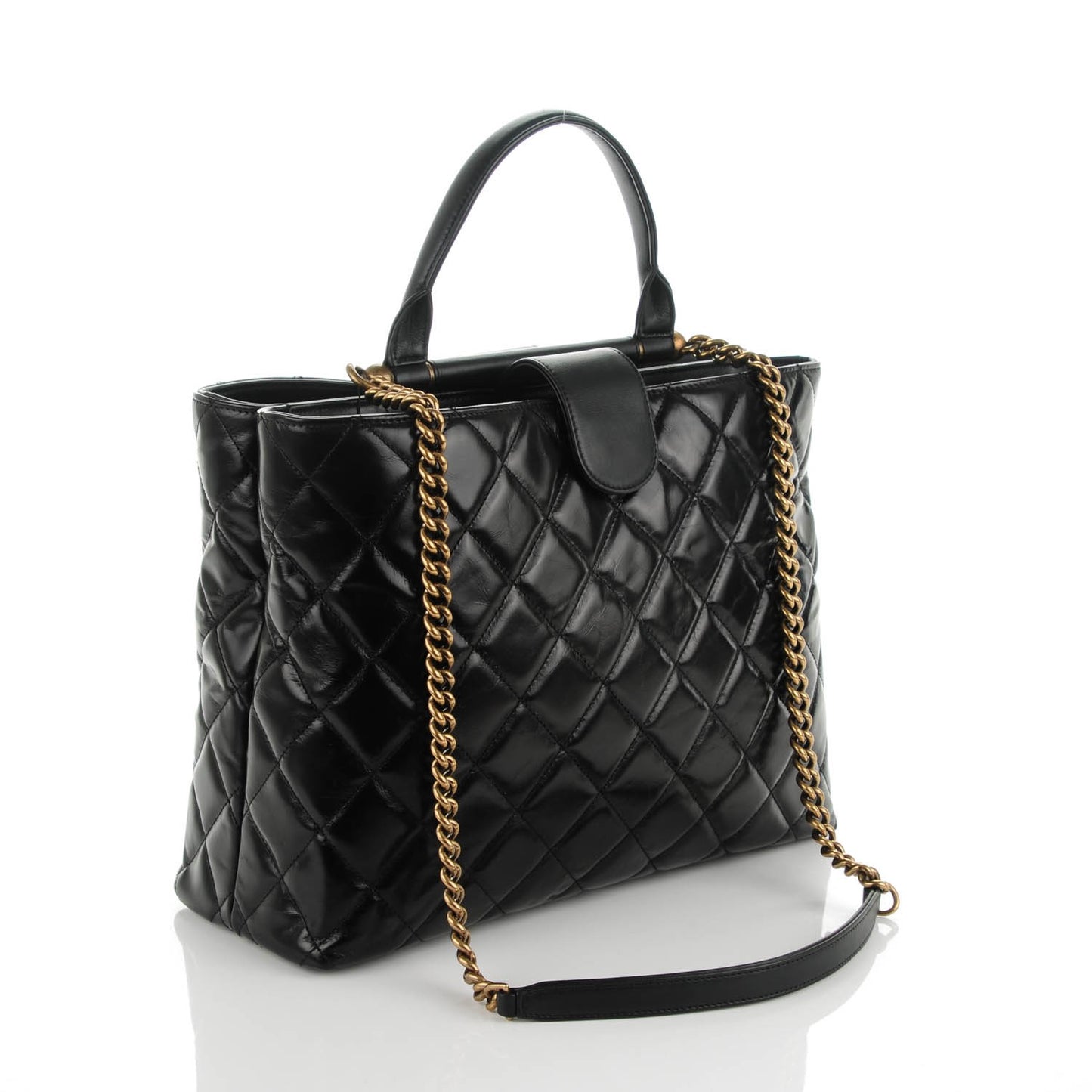 Calfskin Quilted Large Gold Bar Top Handle Tote Black