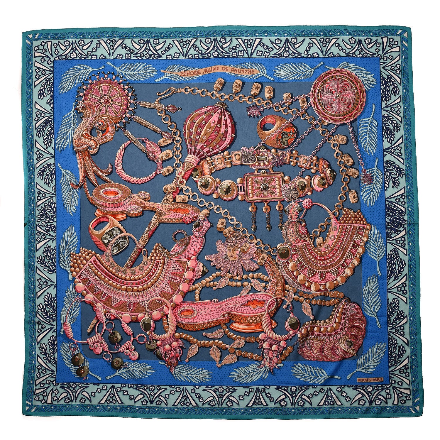 Hermes Cashmere Silk Zenobie Reine De Palmyre Shawl 140 Turquoise Rose Gris Bleuete 1 of 10