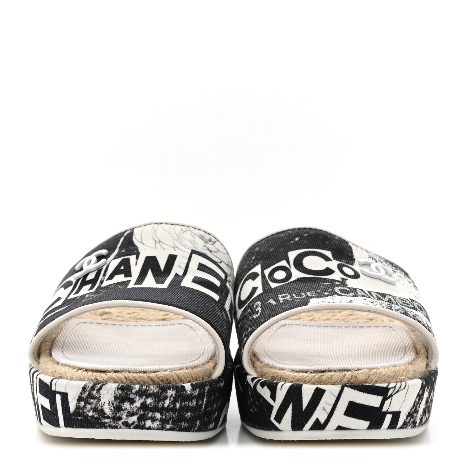 Chanel Fabric Grosgrain Printed CC Espadrille Slip On Sandals 36 Black White 3 of 11