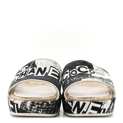 Chanel Fabric Grosgrain Printed CC Espadrille Slip On Sandals 36 Black White 3 of 11