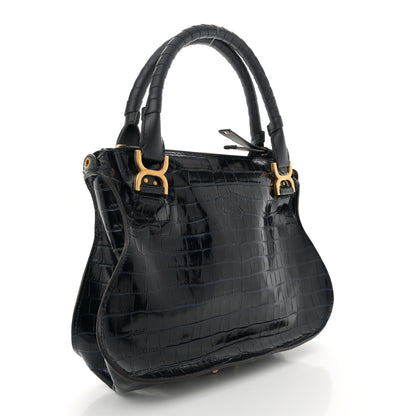 Chloe Calfskin Crocodile Embossed Small Marcie Satchel Full Blue 3 of 11
