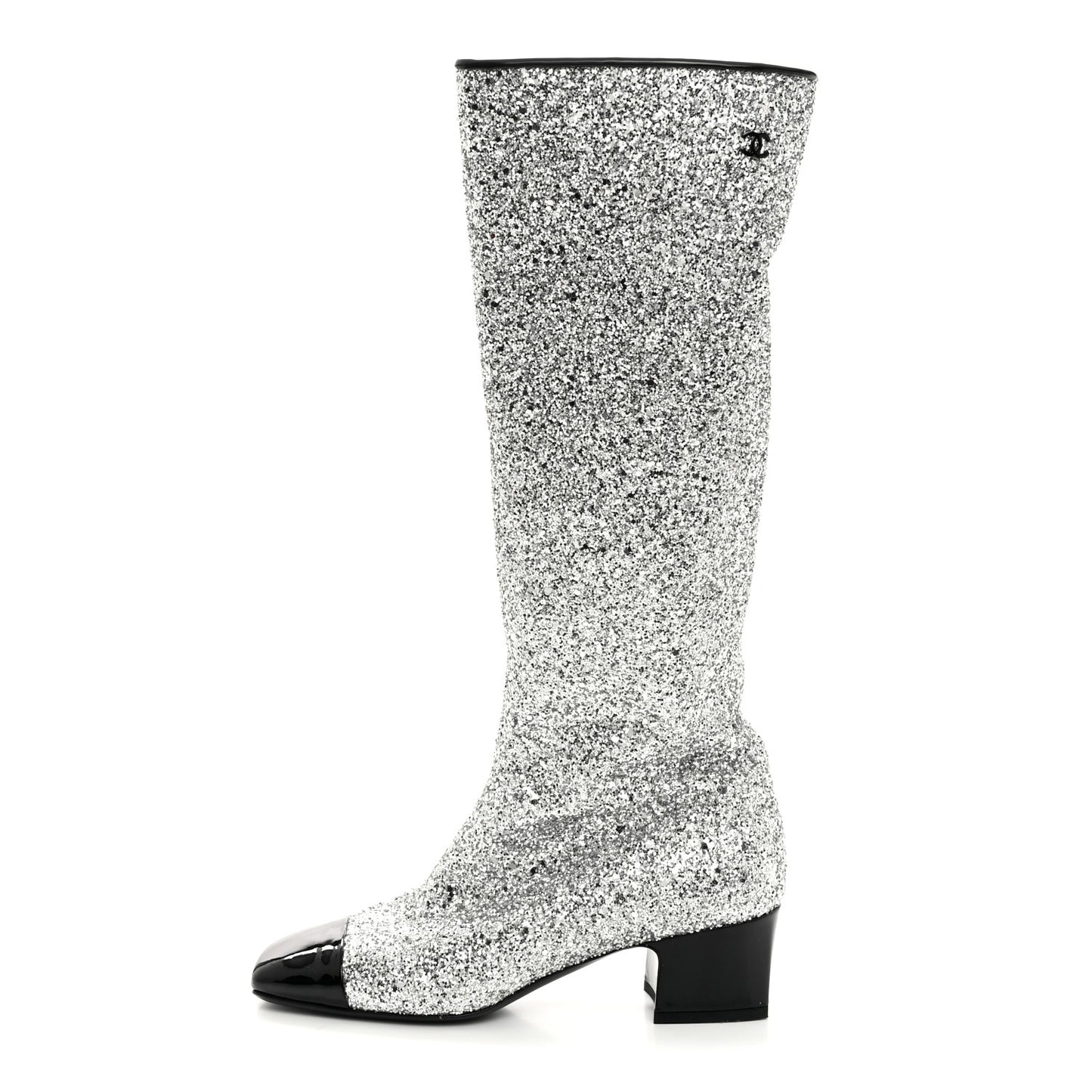 Glitter Patent Calfskin Cap Toe Fantasy High Boots 38 Silver Black