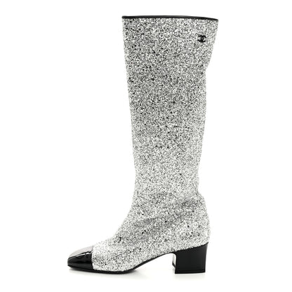 Chanel Glitter Patent Calfskin Cap Toe Fantasy High Boots 38 Silver Black 1 of 9