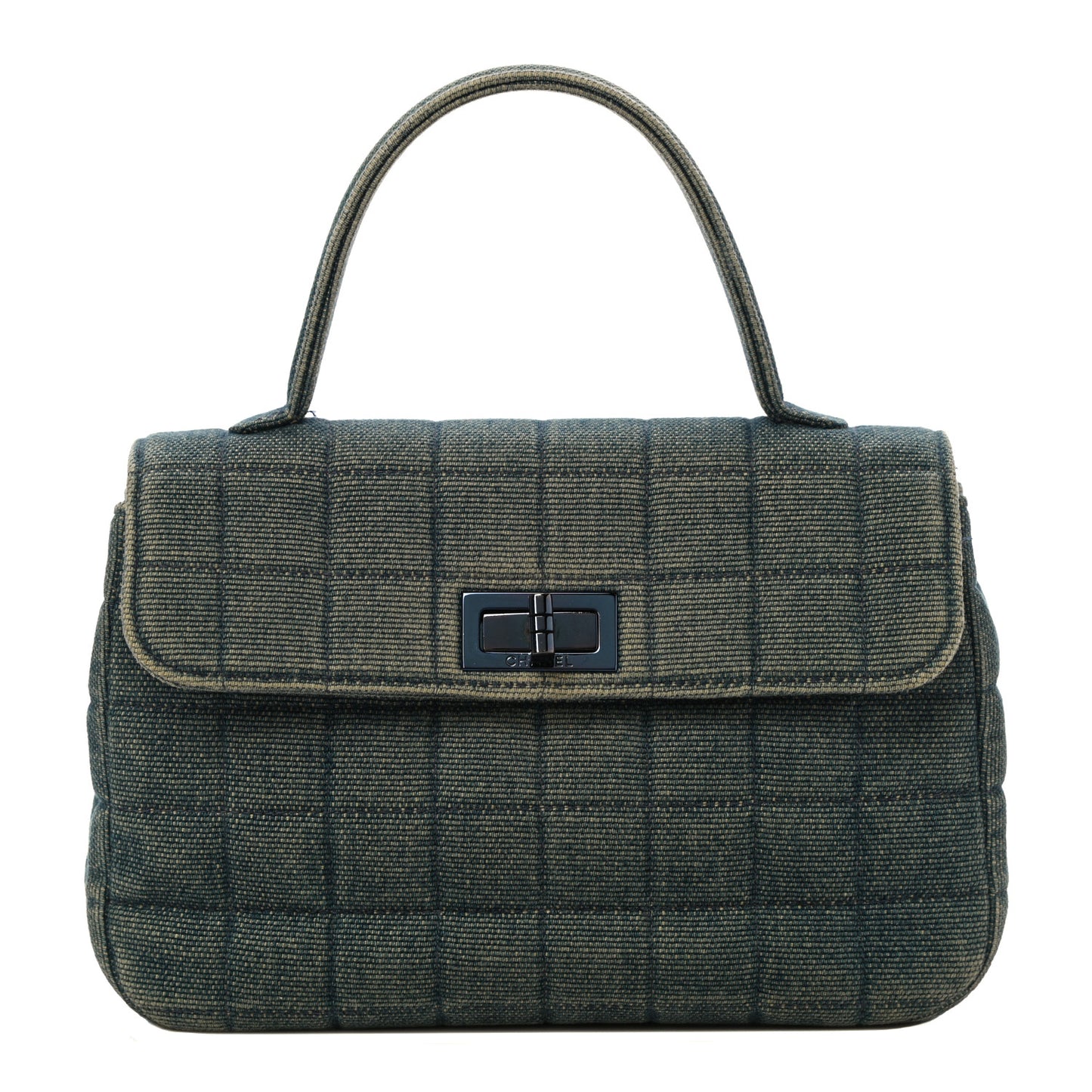 Denim Quilted Chocolate Bar Mademoiselle Top Handle Bag