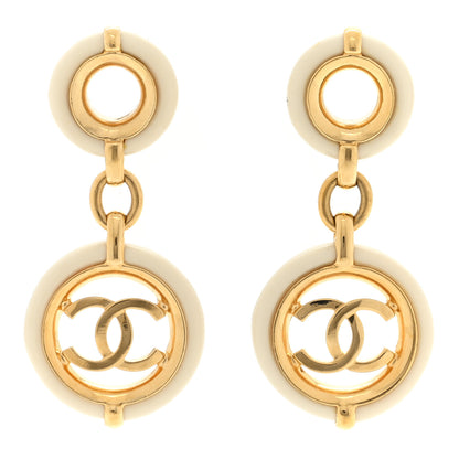 Chanel Metal Resin CC Round Drop Earrings Gold White 1 of 4