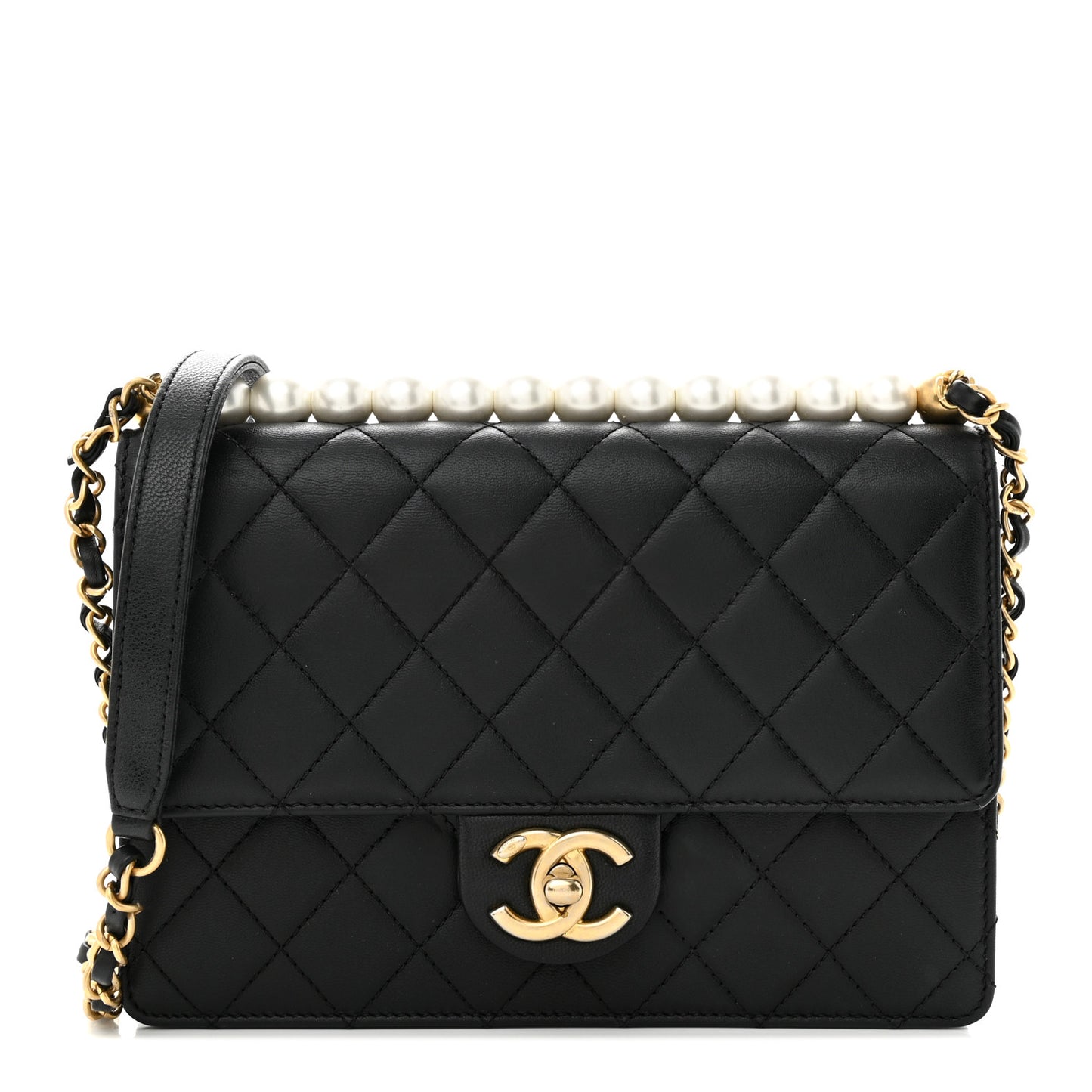 Lambskin Quilted Small Chic Pearls Flap Black