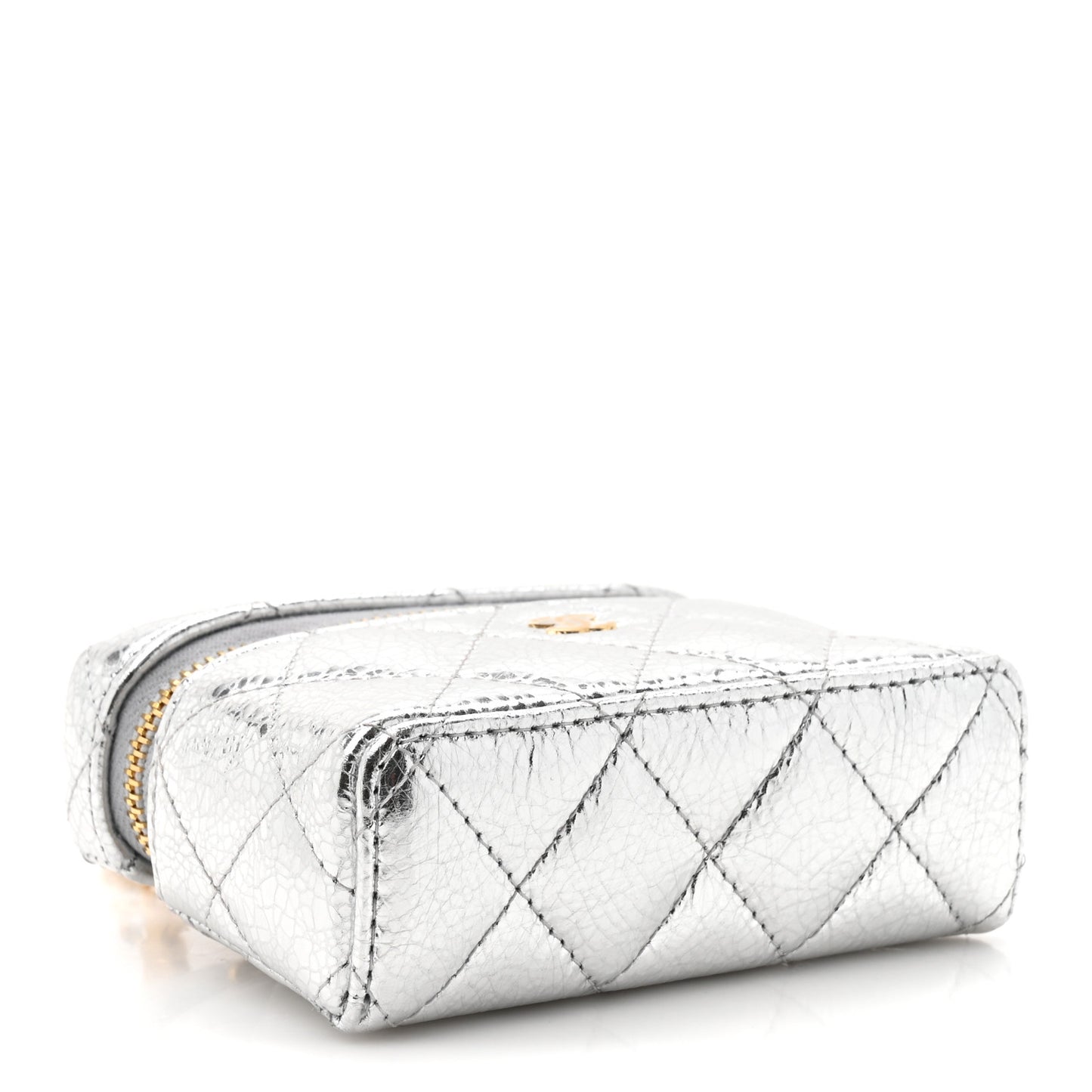 Metallic Calfskin Quilted Mini Vanity Bag Charm With Hook Silver
