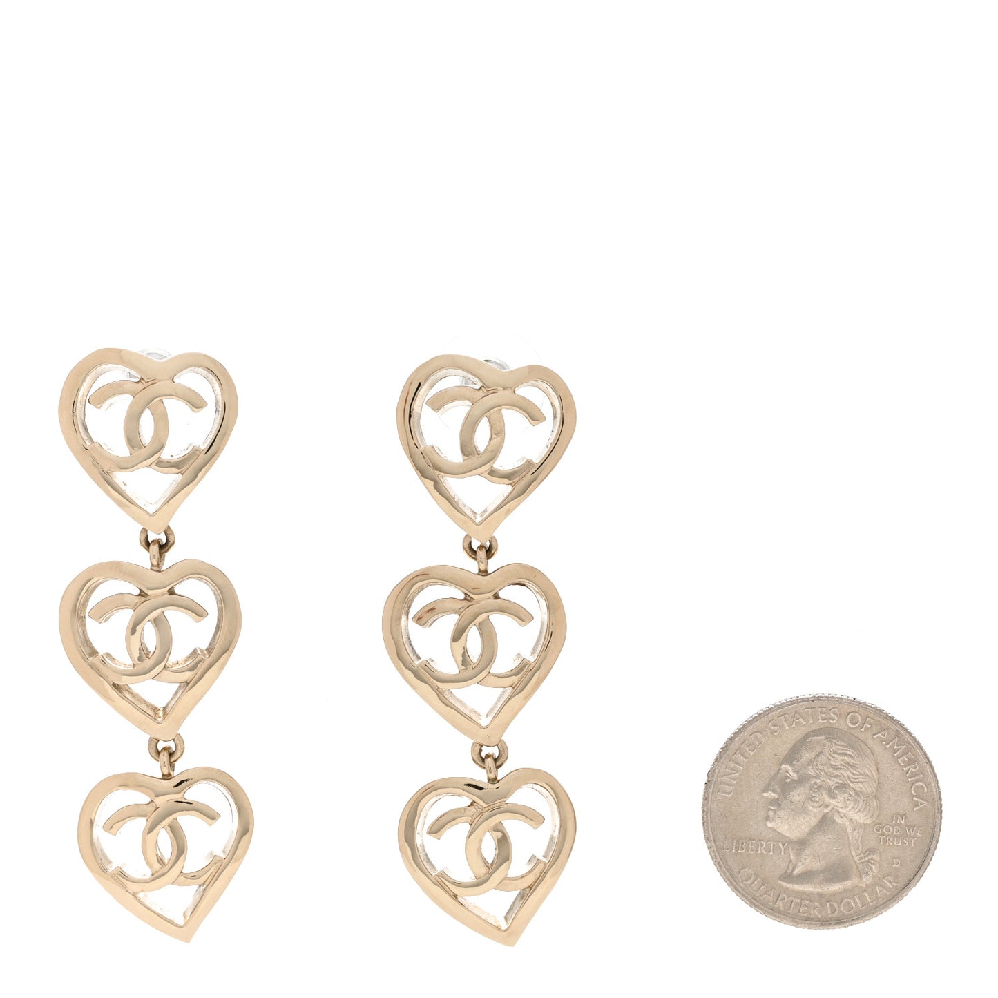 Metal CC Triple Heart Coco In Love Drop Earrings Gold