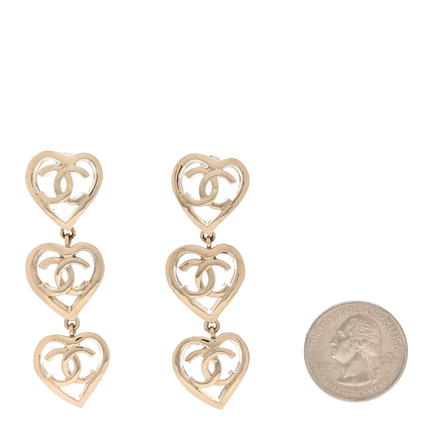 Chanel Metal CC Triple Heart Coco In Love Drop Earrings Gold 2 of 5