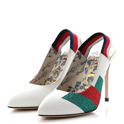 Gucci Calfskin Glitter Web High Heel Slingback Pumps 35.5 White 3 of 11