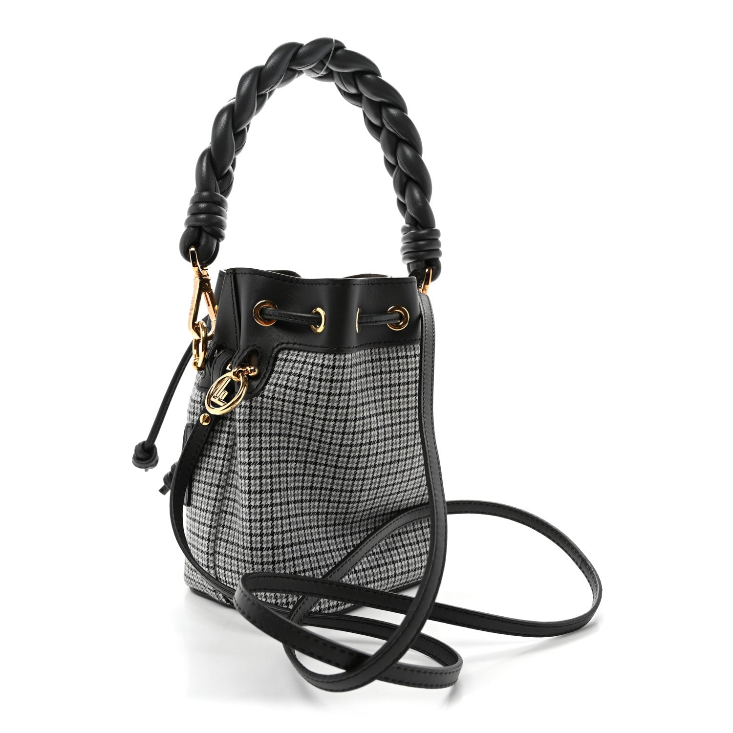 Fendi Wool Vitello Grace Small Houndstooth Mini Mon Tresor Bucket Bag Grigio Anthracite 2 of 10