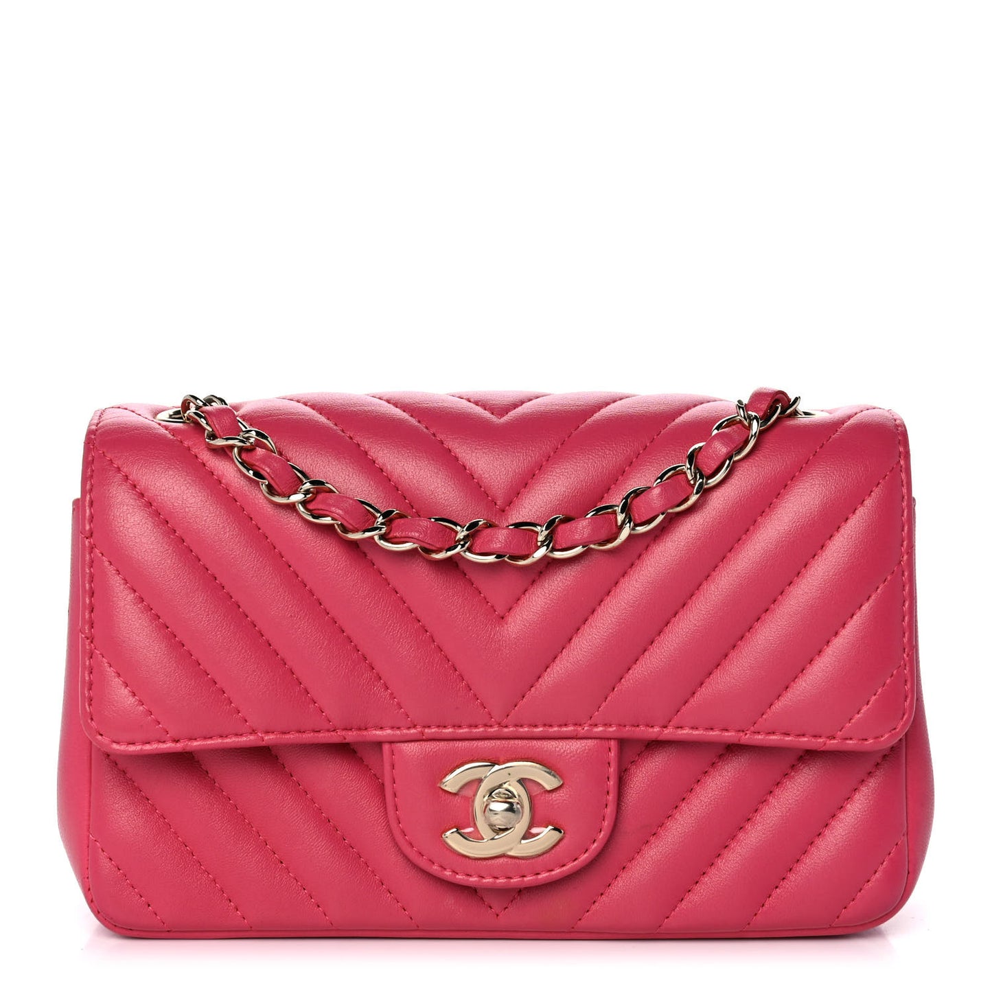 Lambskin Chevron Quilted Mini Rectangular Flap Dark Pink