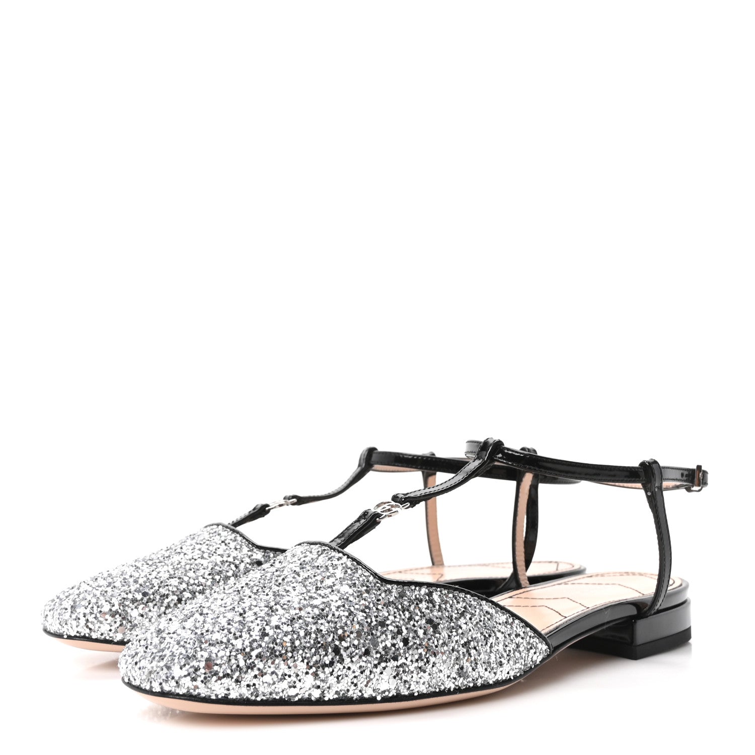 Gucci Calfskin Glitter Double G Slingback Flats 37 Silver Black 4 of 9