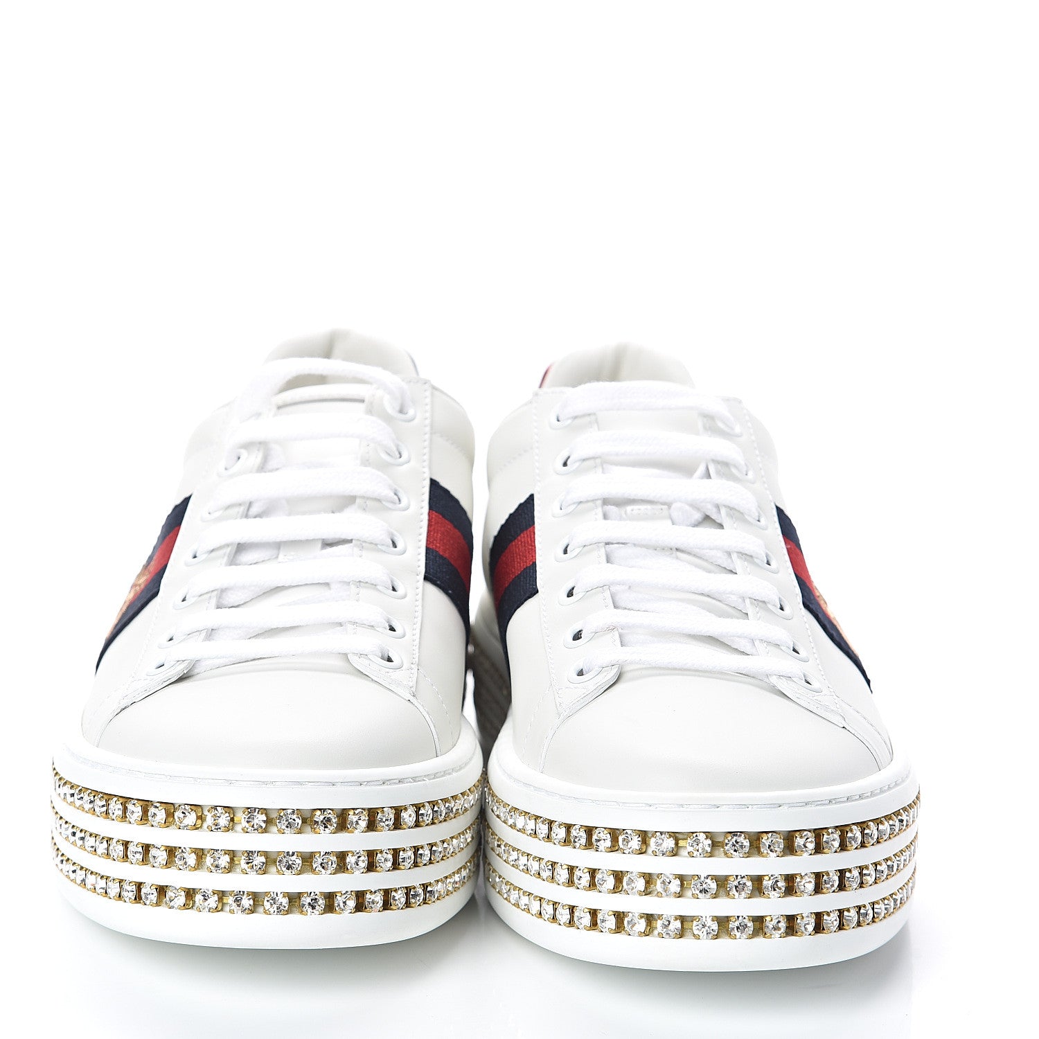 Gucci Calfskin Crystal Web Bee Embroidered Womens Ace Platform Sneakers 39 White 2 of 8