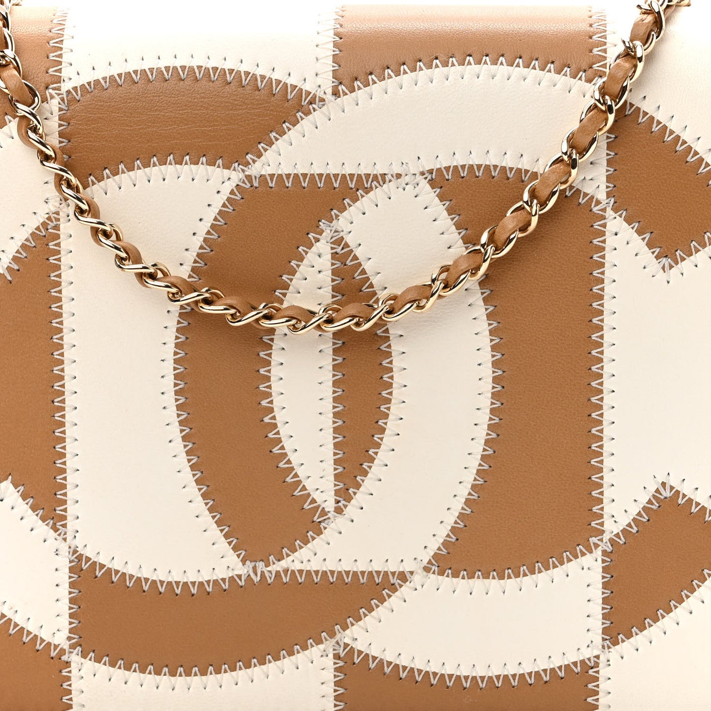 Lambskin CC Stitch Wallet On Chain WOC Beige White