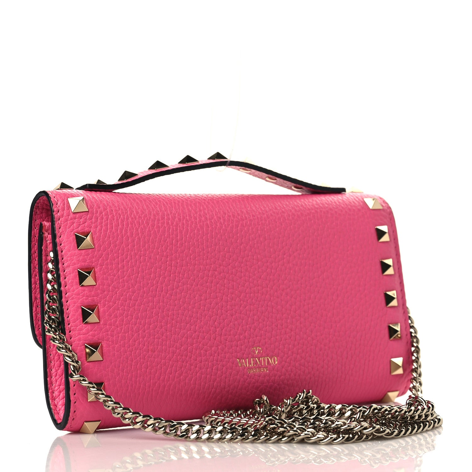 Valentino Garavani Pebbled Calfskin Rockstud Flip Lock Wallet On Chain Feminine Pink 2 of 7